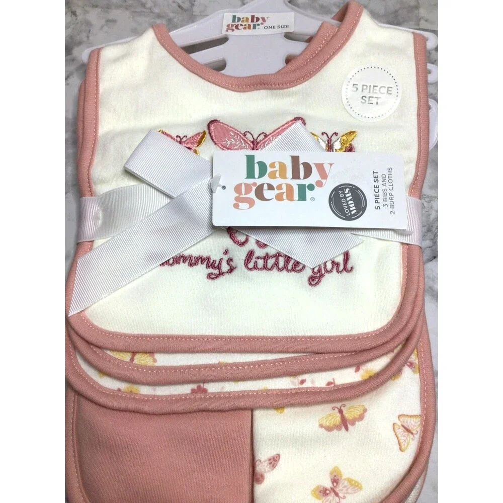 New Baby Gear 5-Piece Set  -Cloths Pink Gingham - Butterflies And Flowers